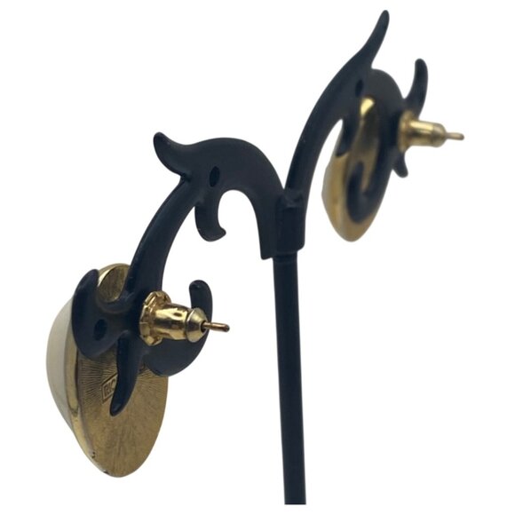 Vintage Richelieu Gold Tone Faux Pearl Oval Pierced Earrings .75 Inch Domed - Picture 9 of 10